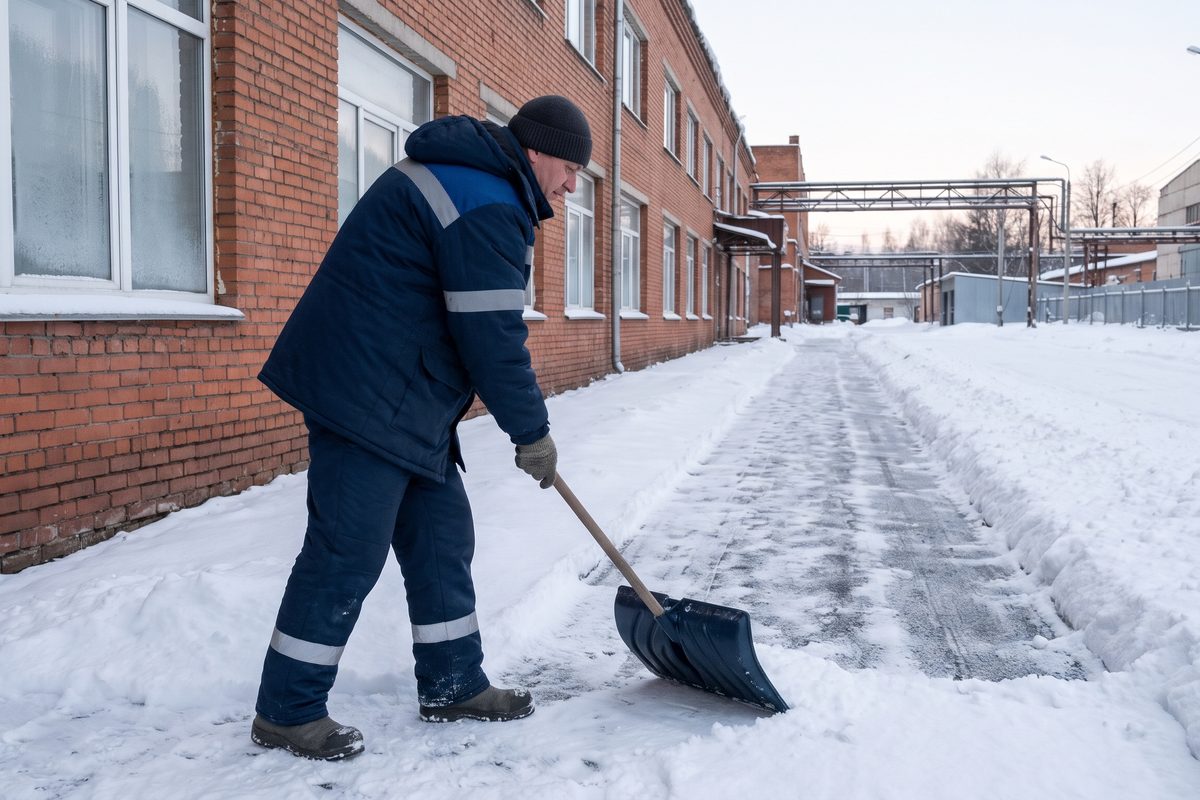 Рабочий в утеплённом костюме со светоотражающими полосами расчищает лопатой дорожку вдоль кирпичного корпуса цеха