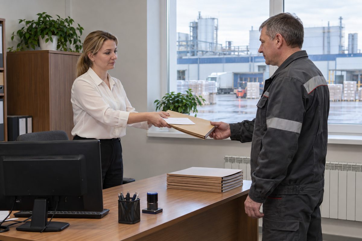Специалист отдела кадров передаёт рабочему подписанные документы в кабинете на заводе