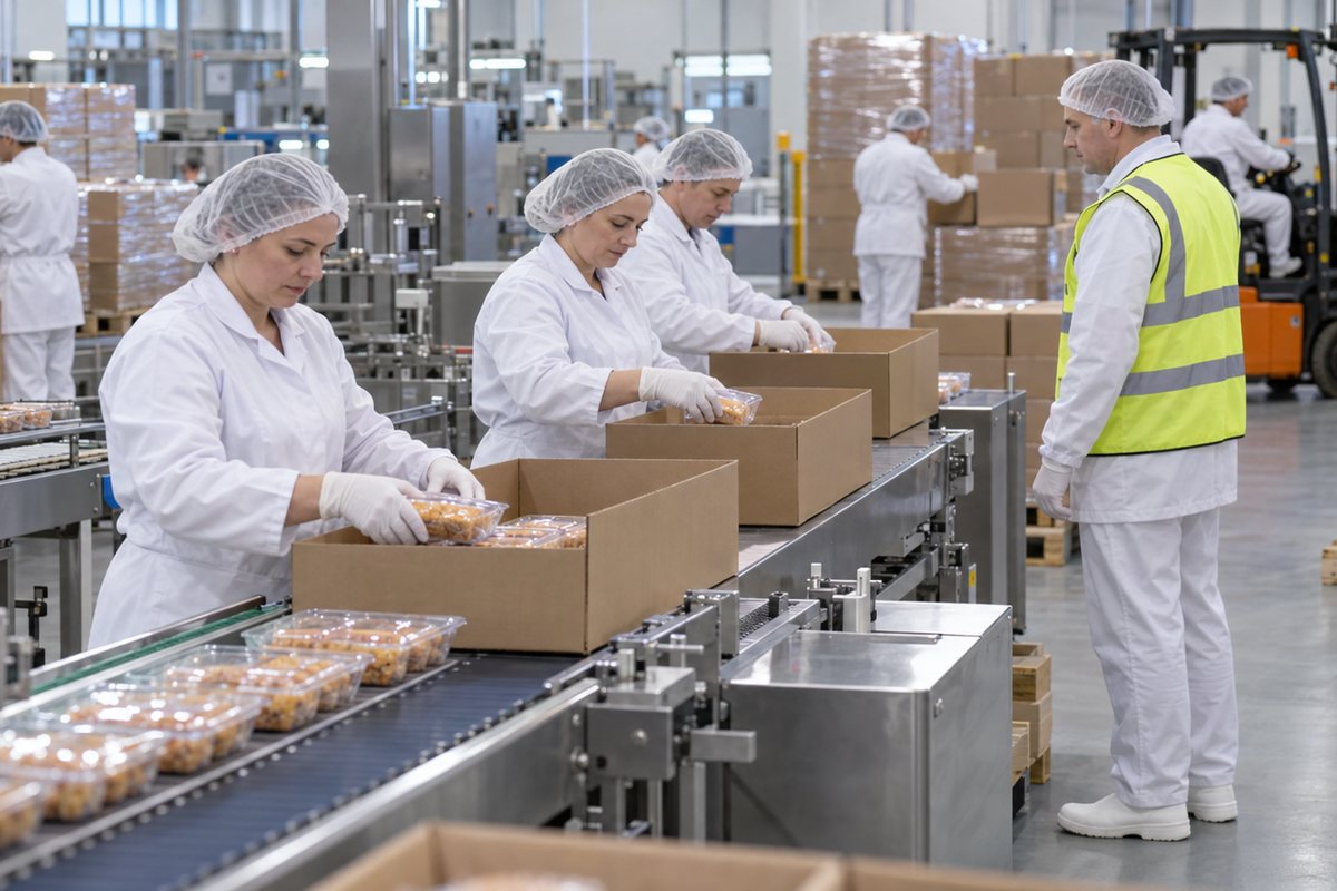 Работники в белой спецодежде упаковывают продукцию в короба на линии